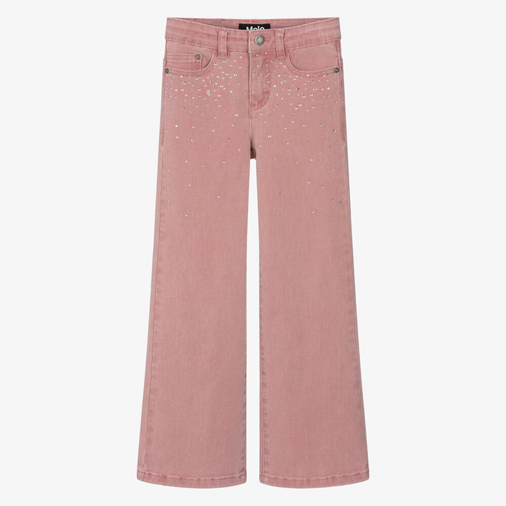 Molo-Girls Pink Denim Flared Rhinestone Jeans | Childrensalon Outlet