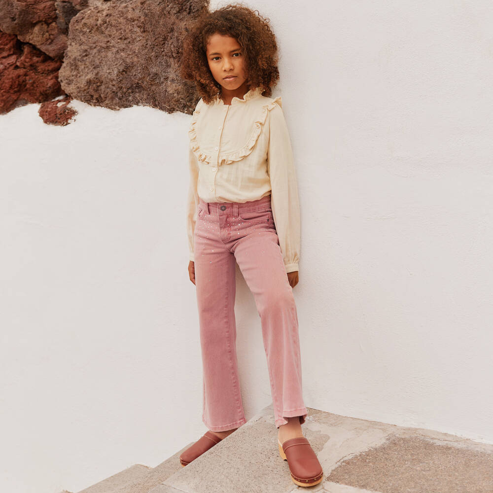 Molo-Girls Pink Denim Flared Rhinestone Jeans | Childrensalon Outlet