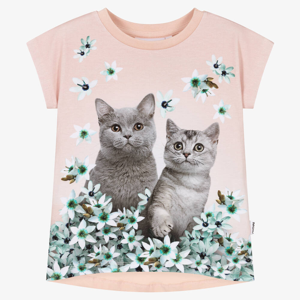 Molo - Girls Pink Floral Kitten T-Shirt | Childrensalon