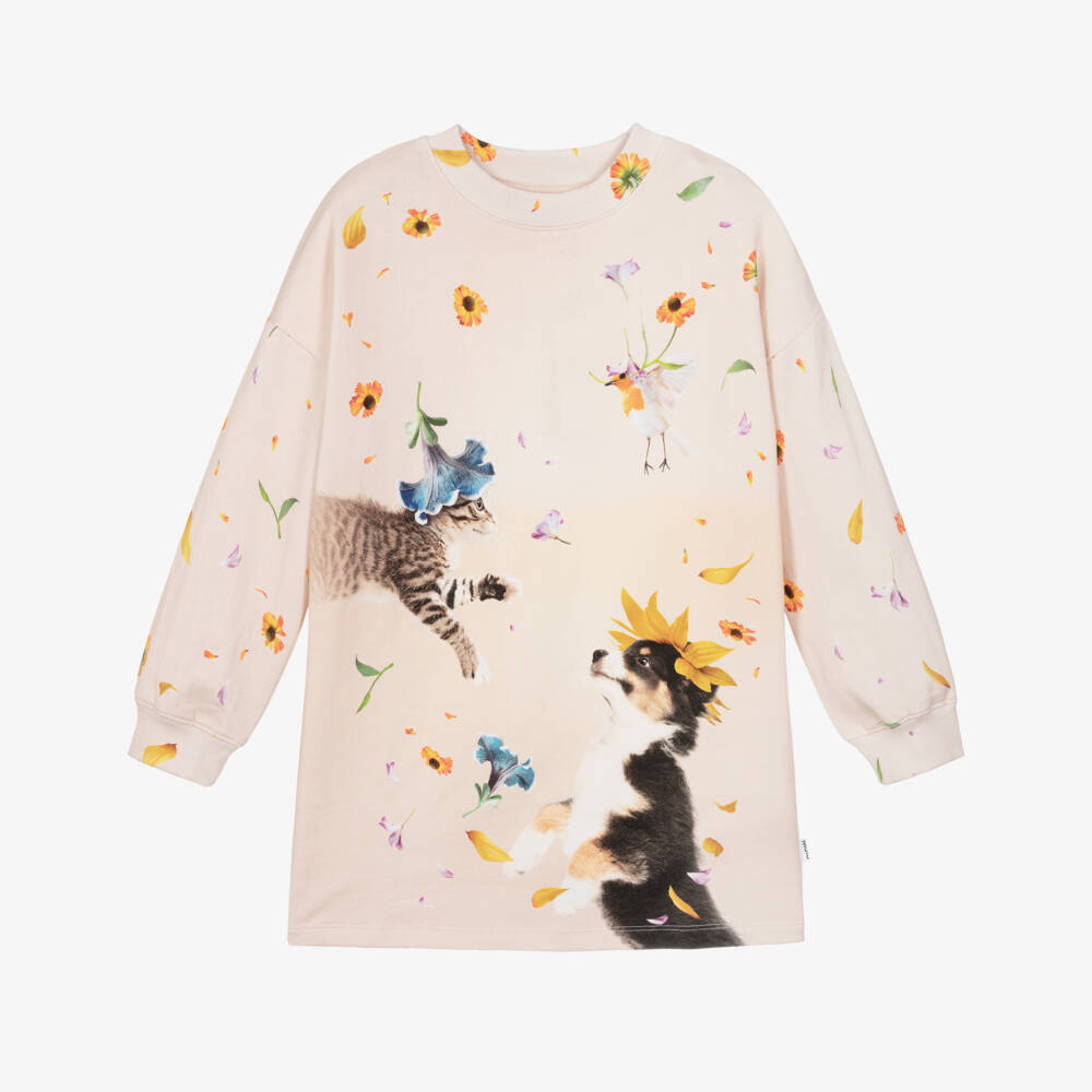 Molo-Girls Pink Kitten & Puppy Floral Sweatshirt Dress | Childrensalon Outlet