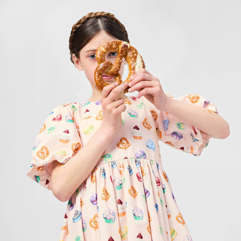 Molo-Girls Pink Mini Cakes Print Organic Cotton Dress | Childrensalon Outlet