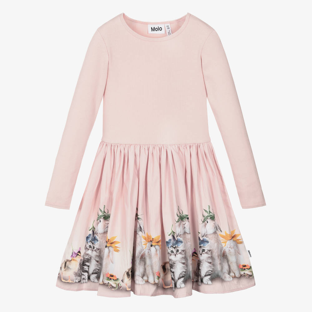 Molo-Girls Pink Organic Cotton Dress with Baby Animal Prints | Childrensalon Outlet