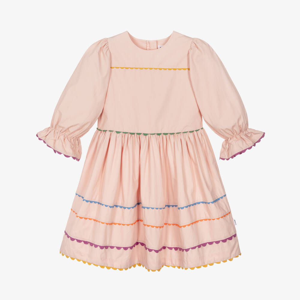 Molo-Girls Pink Organic Cotton Dress with Colourful Ric Rac Trim | Childrensalon Outlet