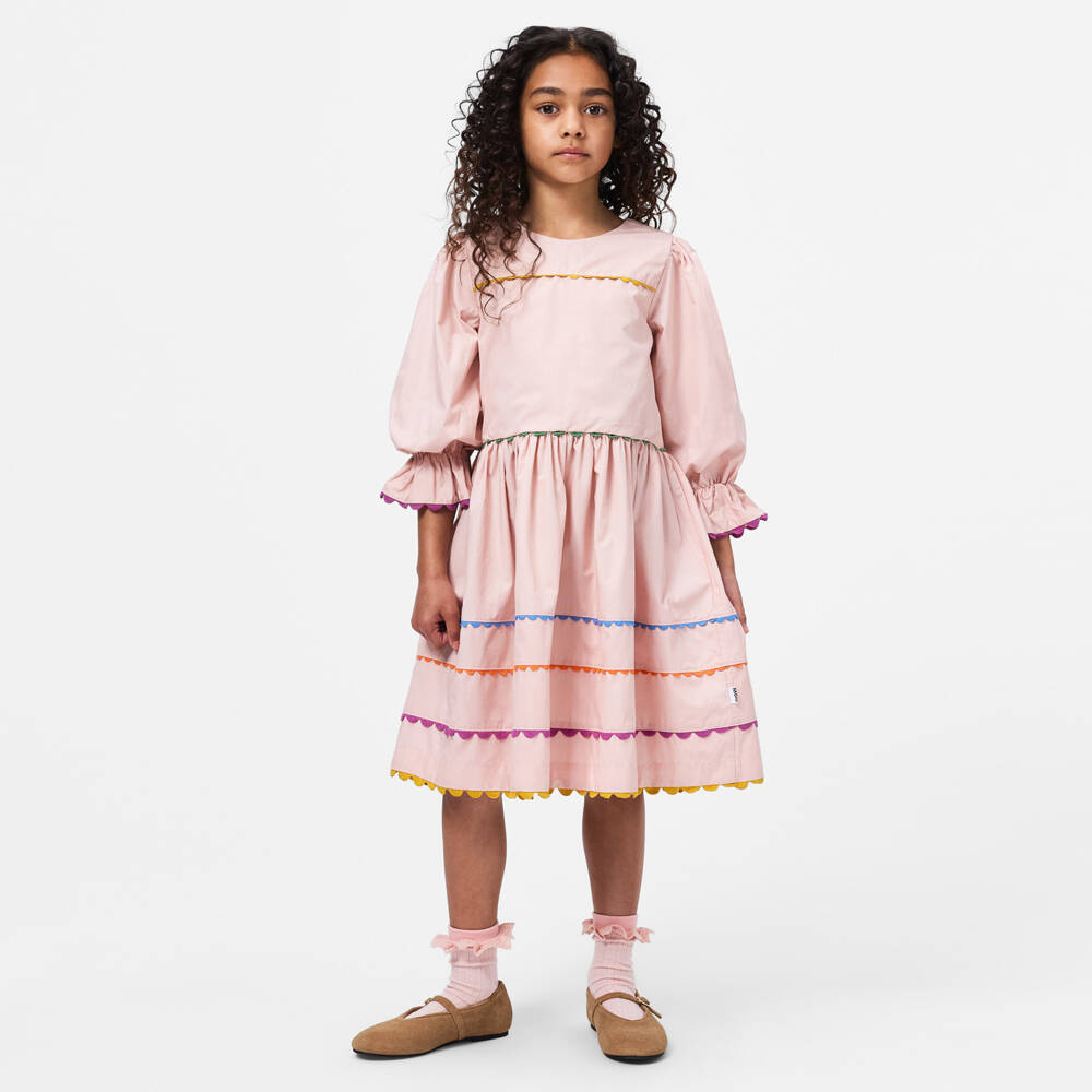 Molo-Girls Pink Organic Cotton Dress with Colourful Ric Rac Trim | Childrensalon Outlet