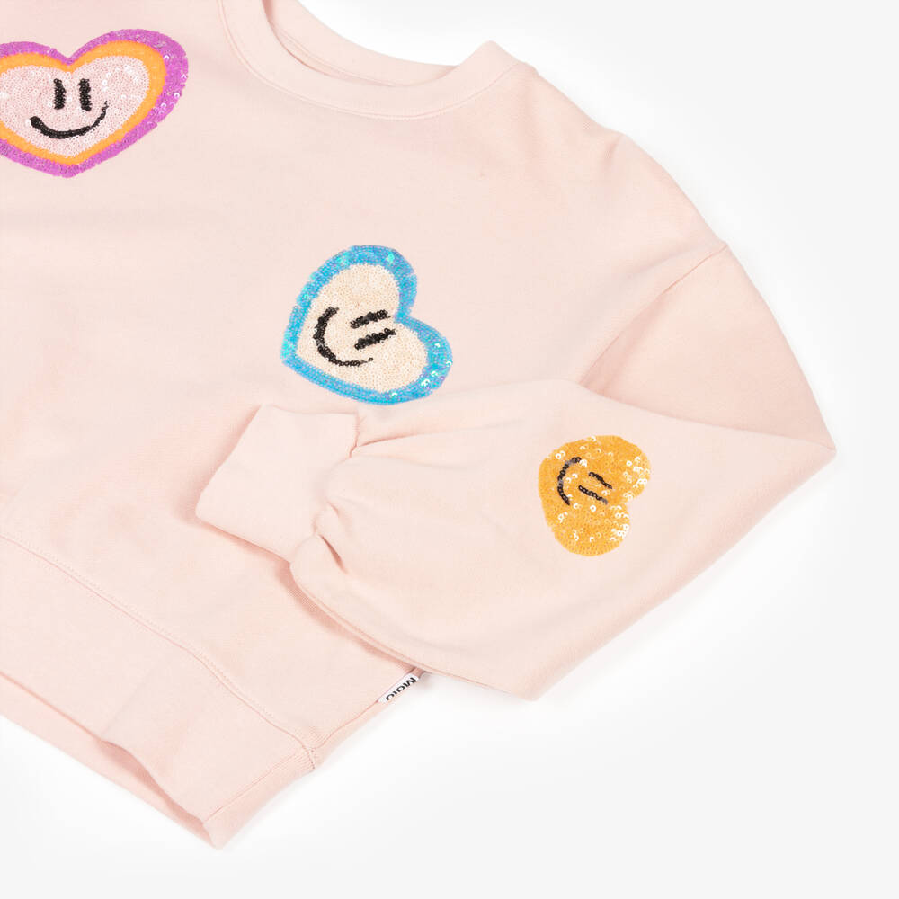 Molo-Girls Pink Organic Cotton Sweatshirt with Sequin Hearts | Childrensalon Outlet