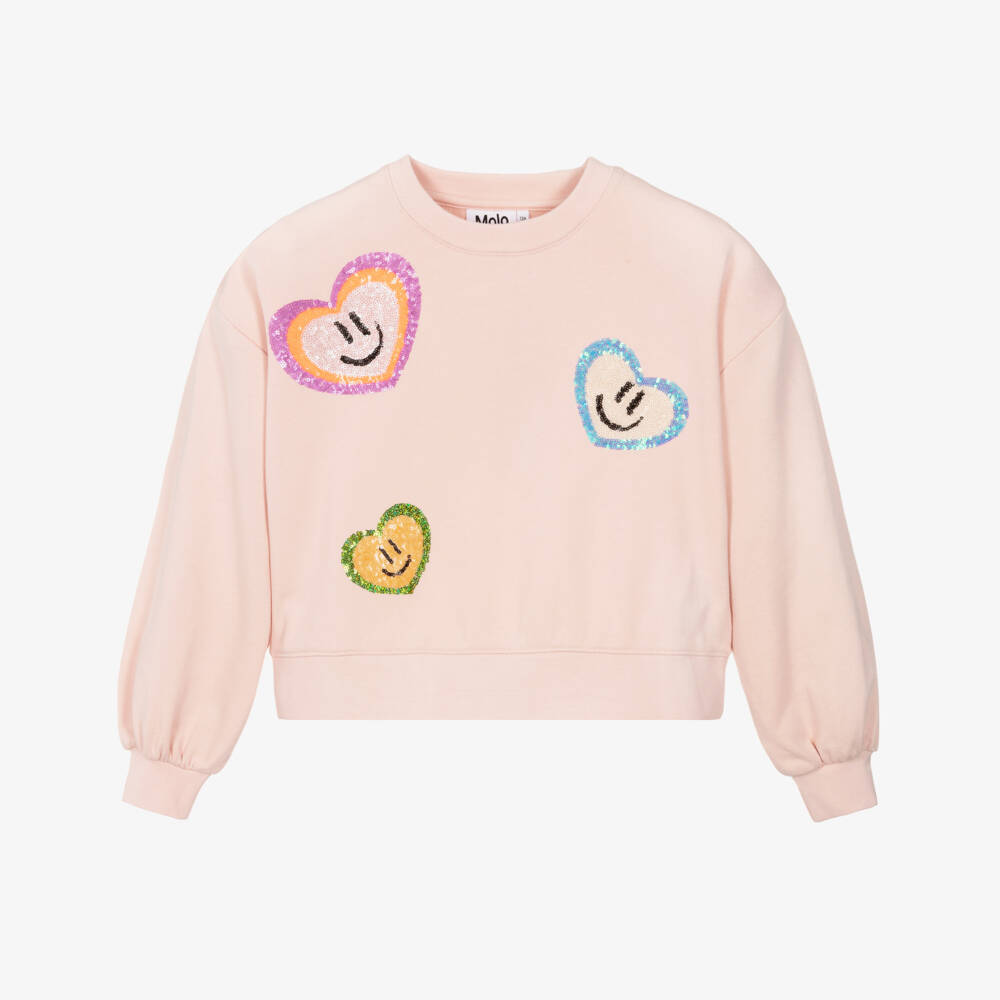 Molo-Girls Pink Organic Cotton Sweatshirt with Sequin Hearts | Childrensalon Outlet