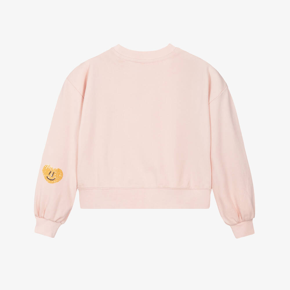 Molo-Girls Pink Organic Cotton Sweatshirt with Sequin Hearts | Childrensalon Outlet