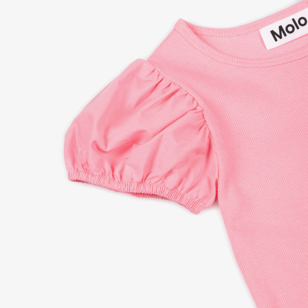 Molo-Girls Pink Puff-Sleeve Cotton Top | Childrensalon Outlet