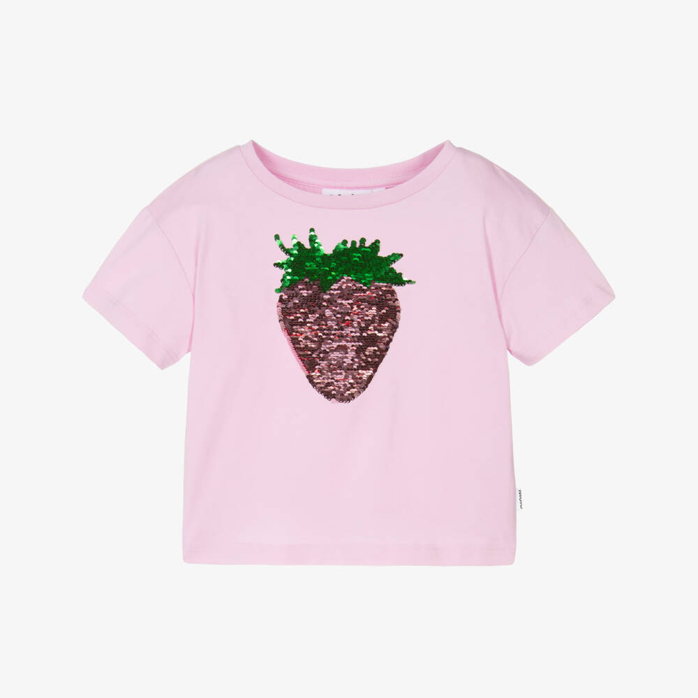 Molo-Girls Pink Reversible Sequin Strawberry Cotton T-Shirt | Childrensalon Outlet
