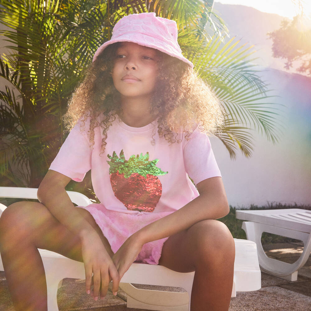 Molo-Girls Pink Reversible Sequin Strawberry Cotton T-Shirt | Childrensalon Outlet