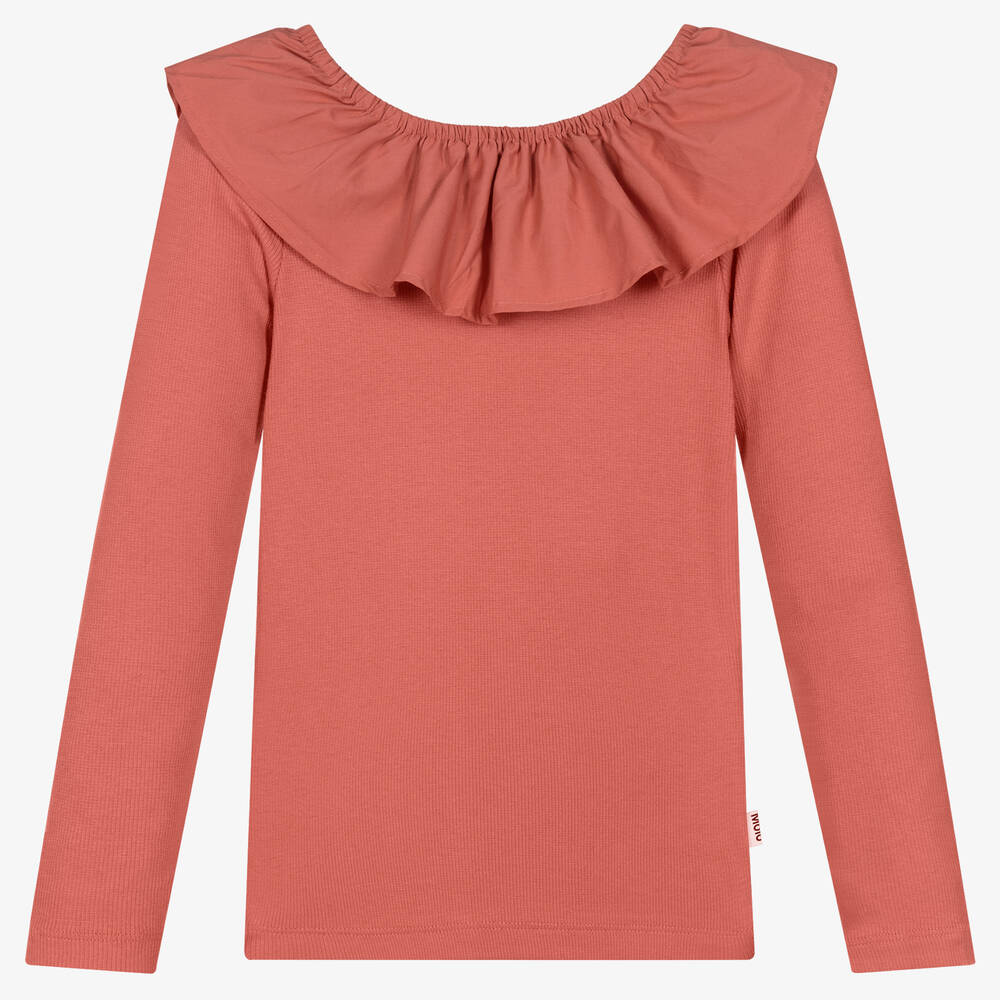 Molo - Girls Pink Ribbed Cotton Ruffle Top | Childrensalon