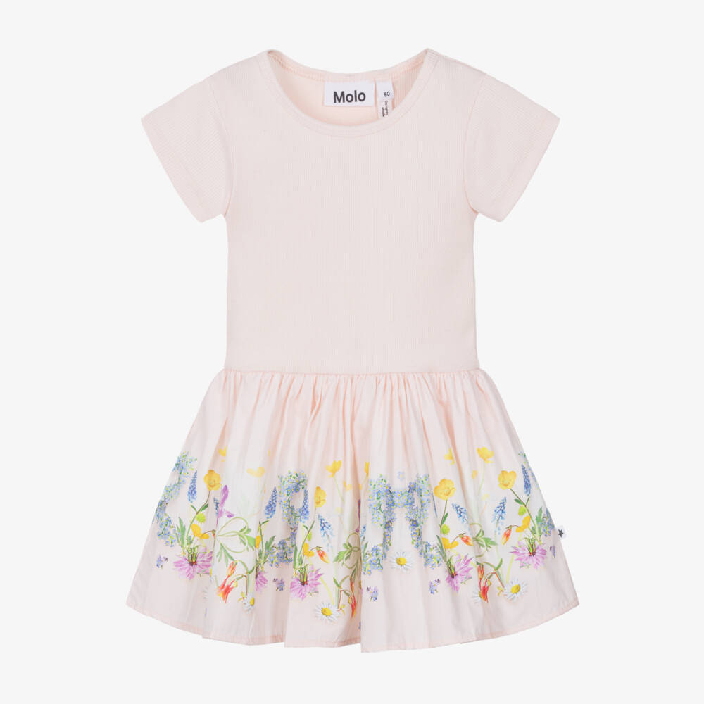Molo-Girls Pink Ribbed Jersey & Floral Cotton Dress | Childrensalon Outlet