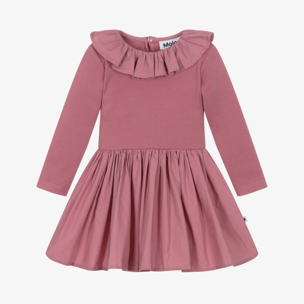 Molo-Girls Pink Ruffle Collar Organic Cotton Dress | Childrensalon Outlet