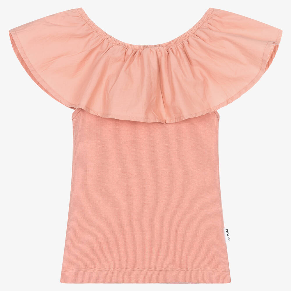 Molo - Girls Pink Ruffle Neck Cotton Top | Childrensalon