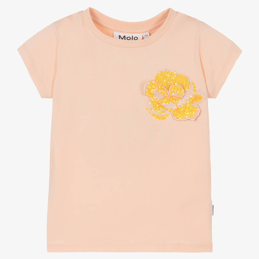 Molo - Girls Pink Sequin Flower Cotton T-Shirt | Childrensalon