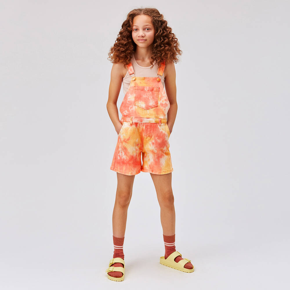 Molo-Girls Pink & Yellow Tie Dye Short Dungarees | Childrensalon Outlet