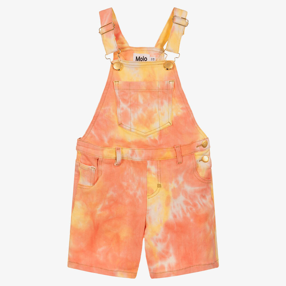 Molo - Girls Pink & Yellow Tie Dye Short Dungarees | Childrensalon