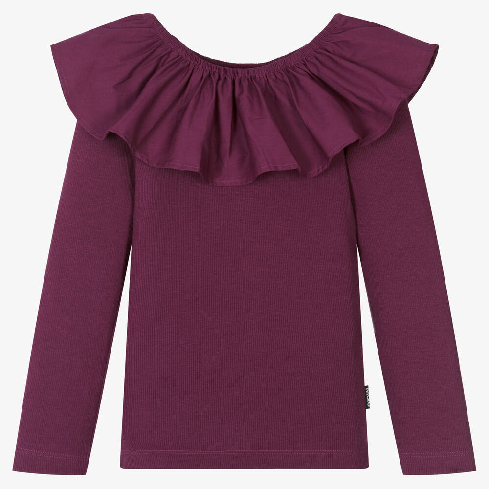 Molo - Girls Purple Ribbed Cotton Ruffle Top | Childrensalon