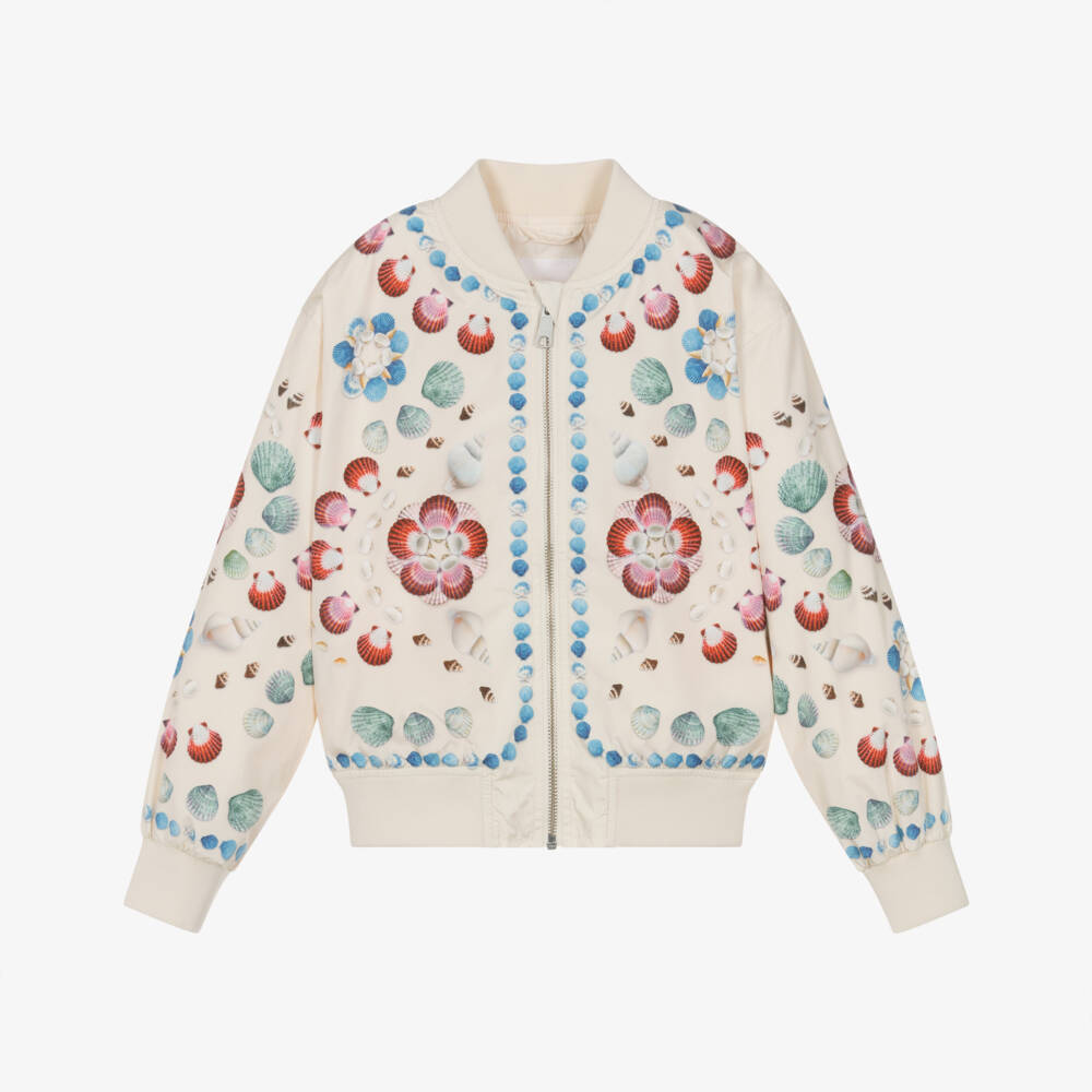 Molo-Girls Silky Ivory Shell Print Bomber Jacket | Childrensalon Outlet