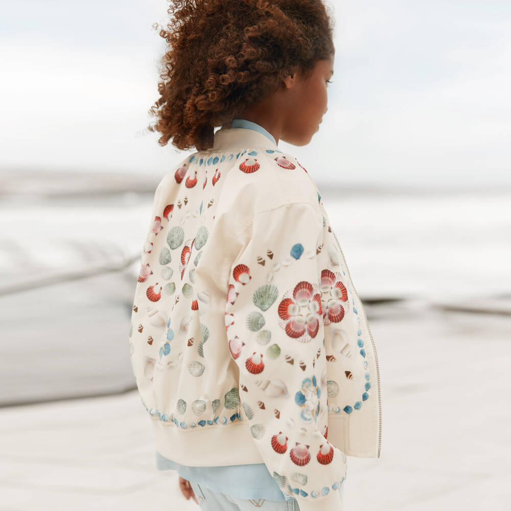 Molo-Girls Silky Ivory Shell Print Bomber Jacket | Childrensalon Outlet