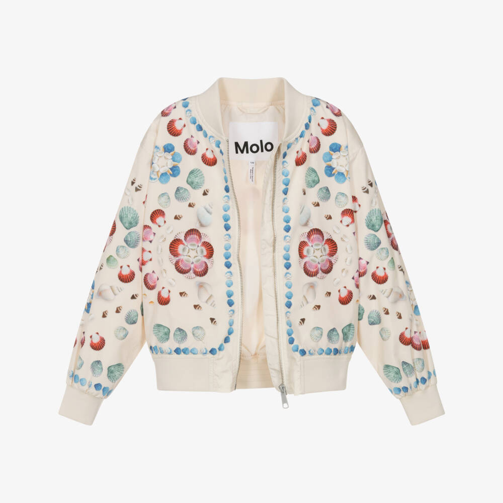 Molo-Girls Silky Ivory Shell Print Bomber Jacket | Childrensalon Outlet