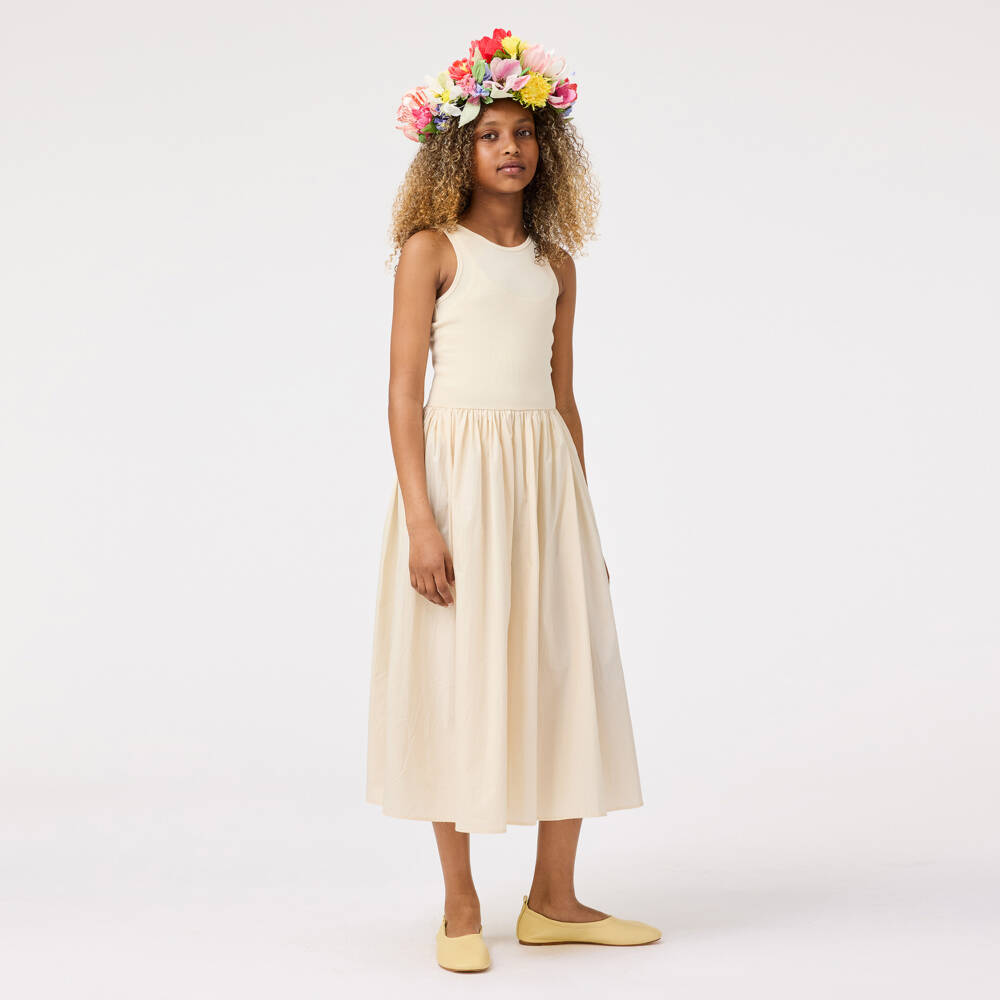 Molo-Girls Sleeveless Beige Cotton Dress | Childrensalon Outlet