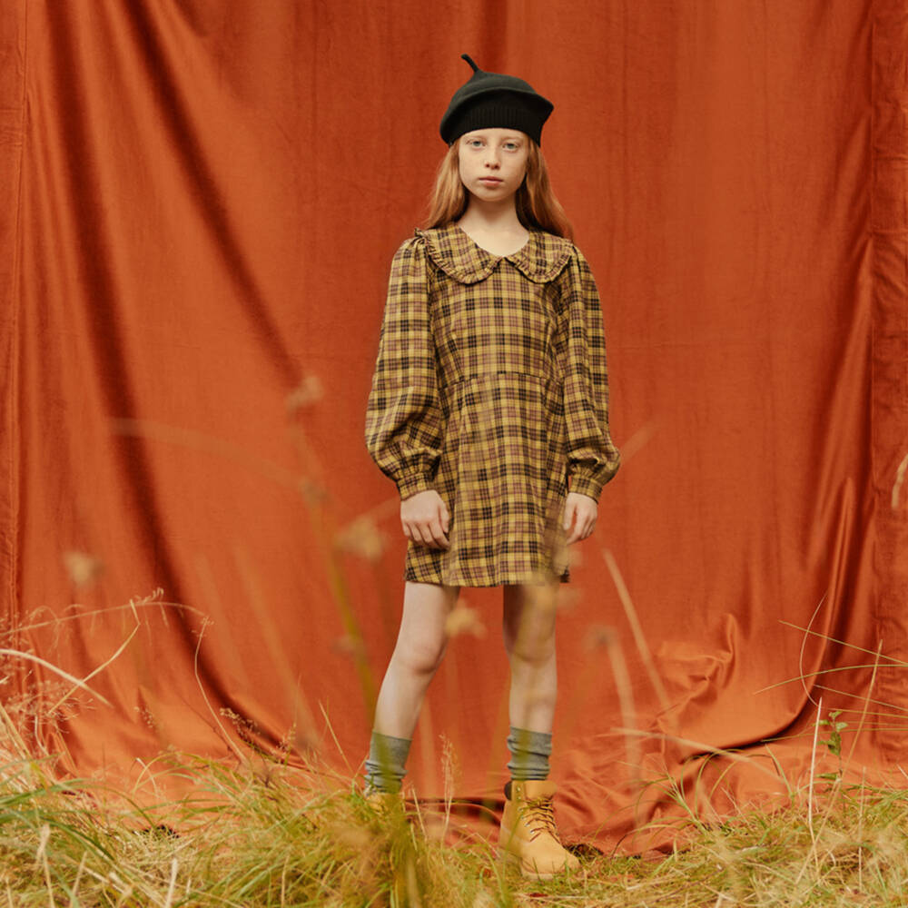 Molo-فستان بناتي كلاسيكي أصفر بنقشة مربعات | Childrensalon Outlet