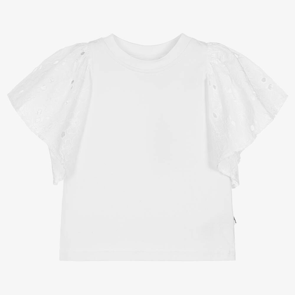 Molo - Girls White Cotton Broderie Anglaise T-Shirt | Childrensalon