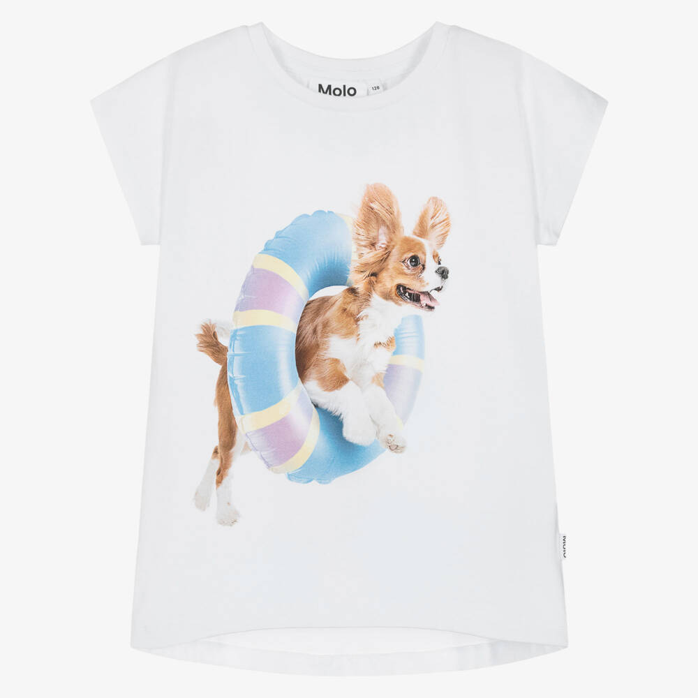 Molo-Girls White Cotton T-Shirt with Beach Dogs Motifs | Childrensalon Outlet