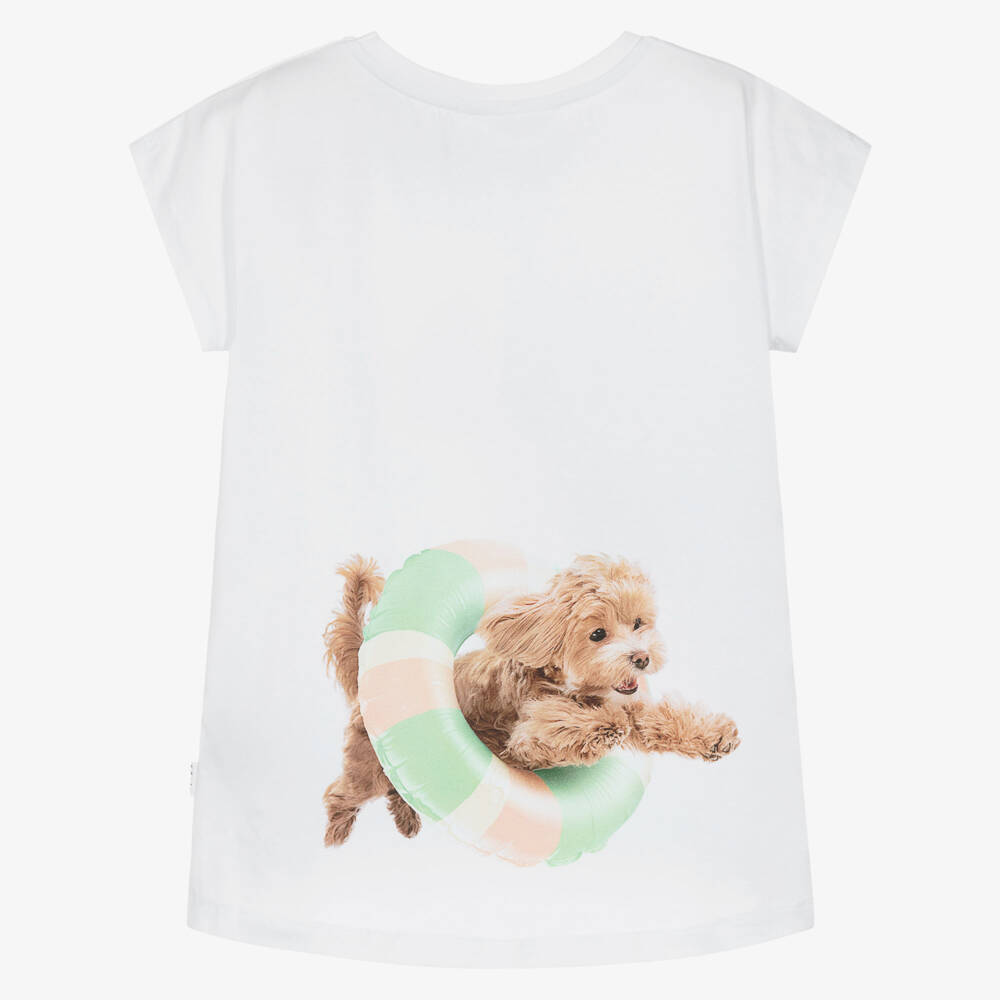 Molo-Girls White Cotton T-Shirt with Beach Dogs Motifs | Childrensalon Outlet