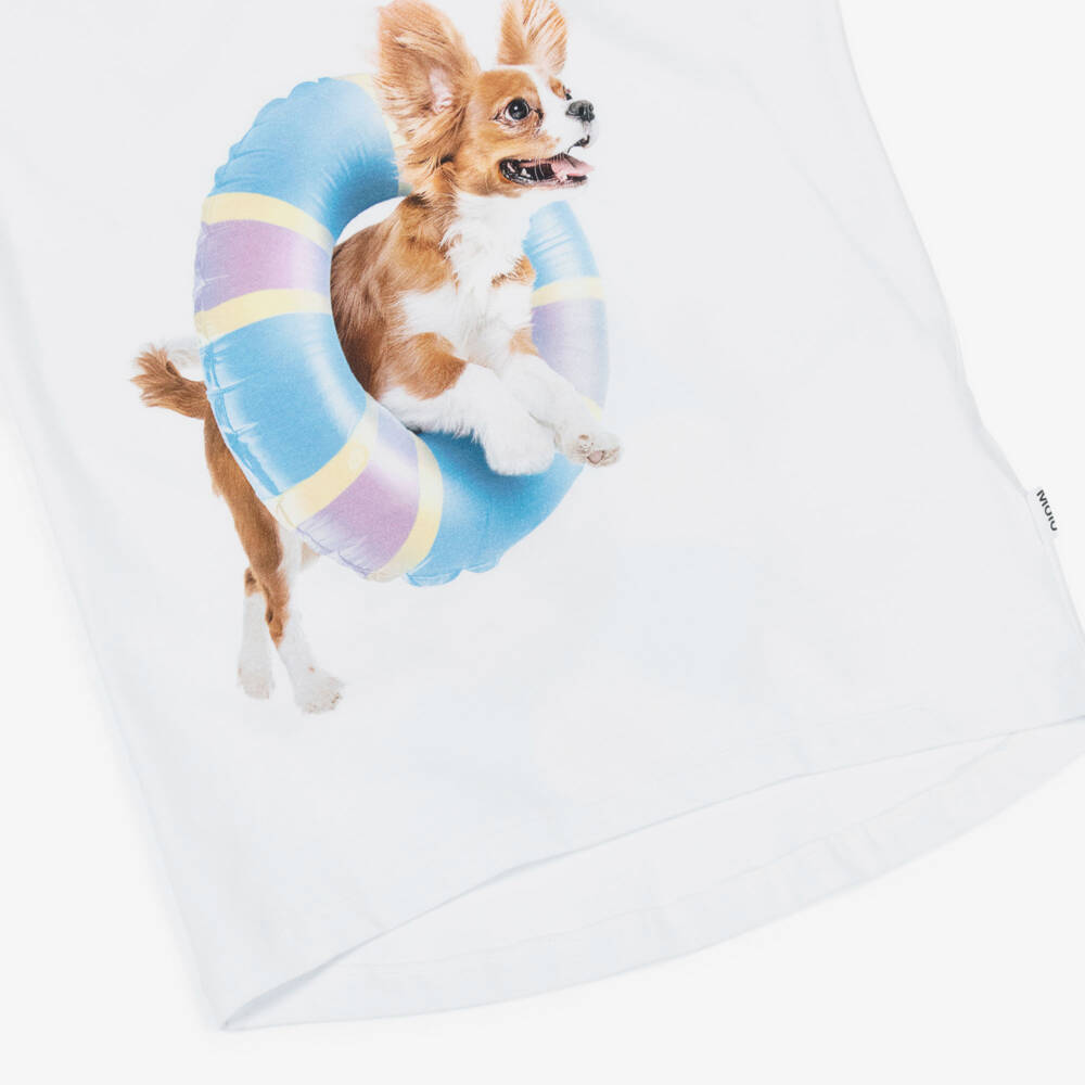 Molo-Girls White Cotton T-Shirt with Beach Dogs Motifs | Childrensalon Outlet