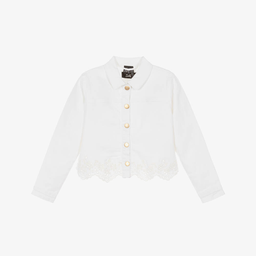 Molo-Girls White Denim Jacket with Broderie Trim | Childrensalon Outlet