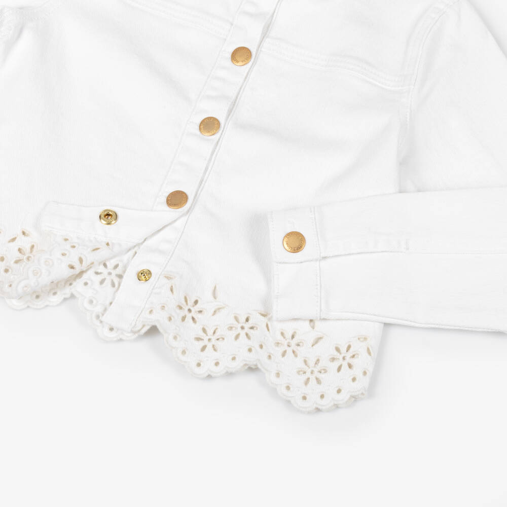 Molo-Girls White Denim Jacket with Broderie Trim | Childrensalon Outlet
