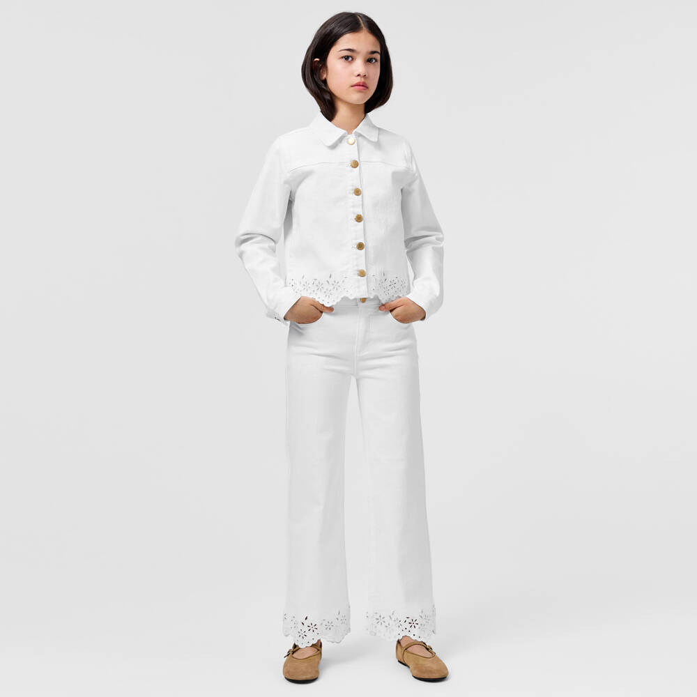 Molo-Girls White Denim Jacket with Broderie Trim | Childrensalon Outlet