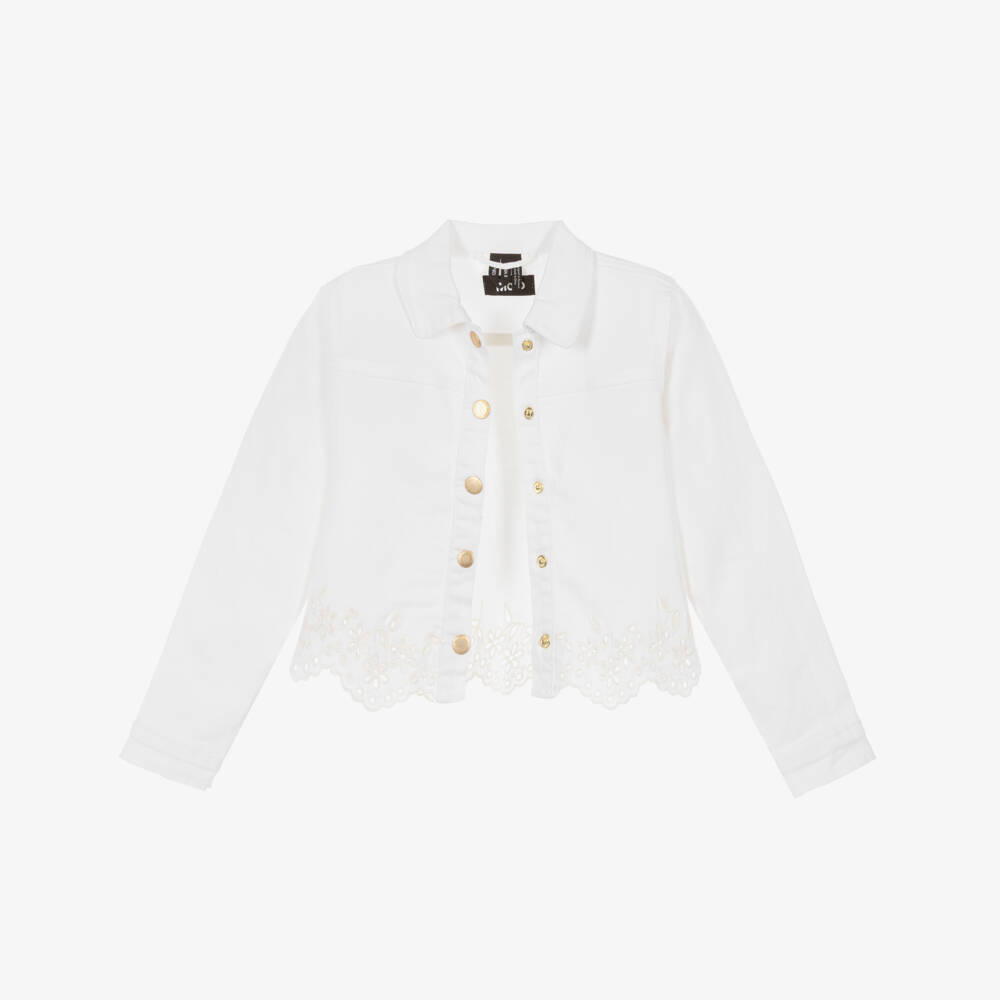 Molo-Girls White Denim Jacket with Broderie Trim | Childrensalon Outlet