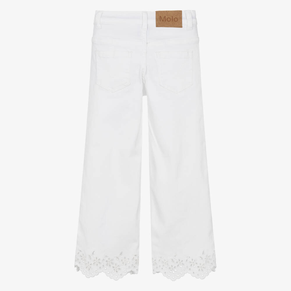 Molo-Girls White Denim Jeans with Broderie Anglaise Trims | Childrensalon Outlet