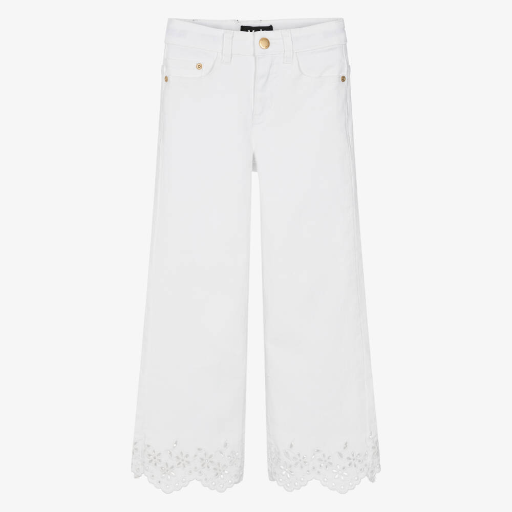 Molo-Girls White Denim Jeans with Broderie Anglaise Trims | Childrensalon Outlet