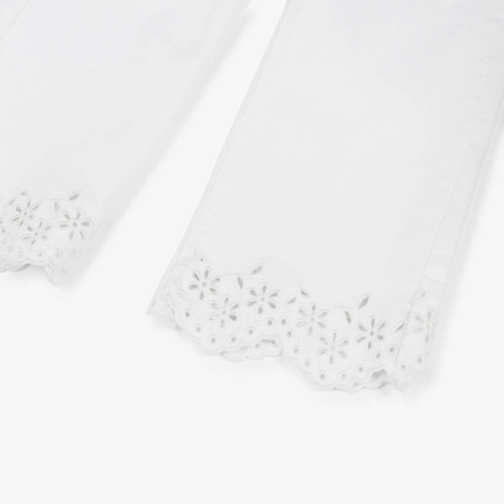 Molo-Girls White Denim Jeans with Broderie Anglaise Trims | Childrensalon Outlet