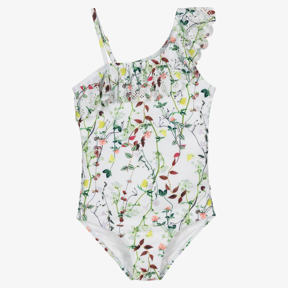 Molo - Girls White Floral Swimsuit (UPF50+) | Childrensalon