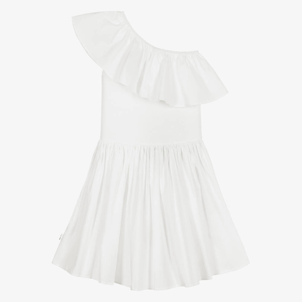 Molo-Girls White Organic Cotton One Shoulder Ruffle Dress | Childrensalon Outlet