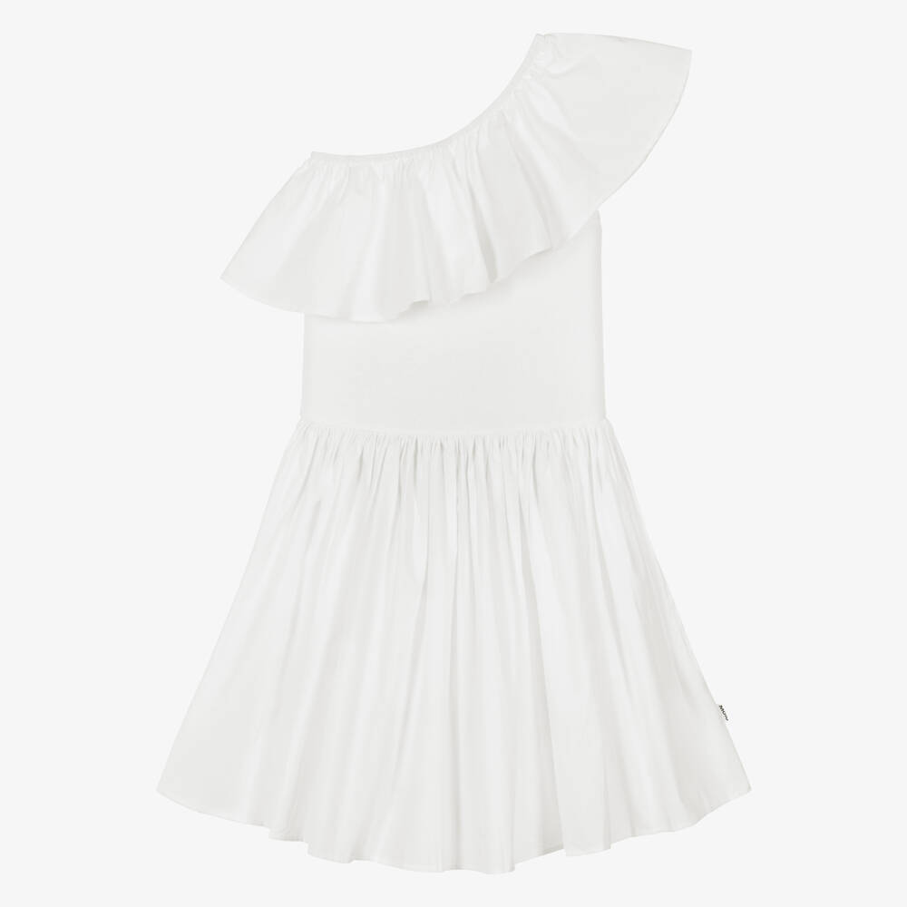 Molo-Girls White Organic Cotton One Shoulder Ruffle Dress | Childrensalon Outlet