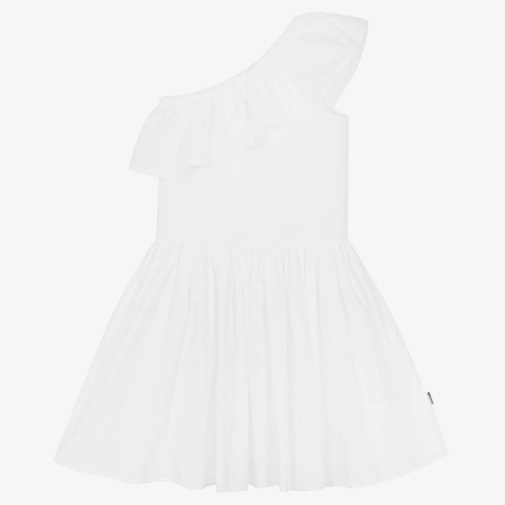Molo - فستان قطن عضوي جيرسي مزين بكشكش لون أبيض | Childrensalon