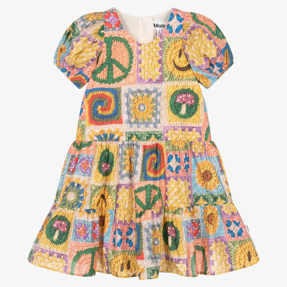 Molo - Girls Yellow Crochet Print Cotton Dress | Childrensalon