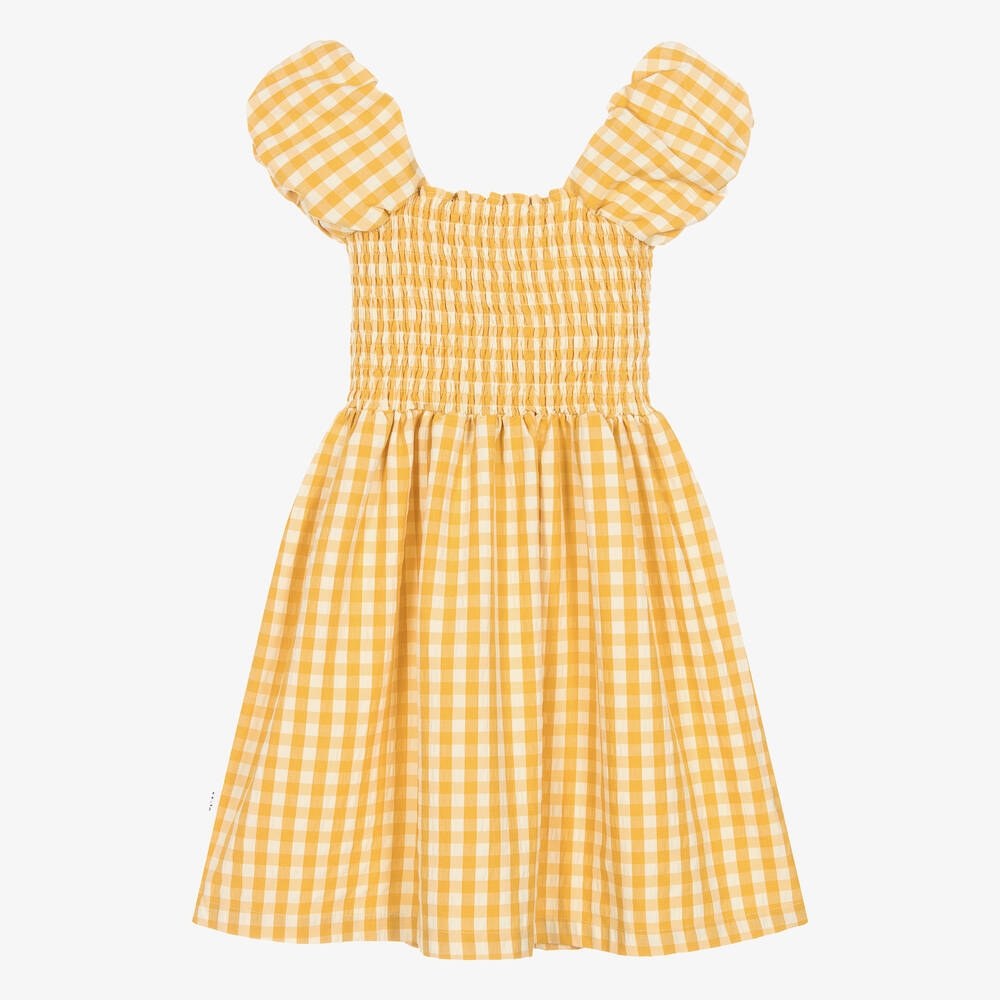 Molo-Girls Yellow Gingham Puff Sleeve Dress | Childrensalon Outlet