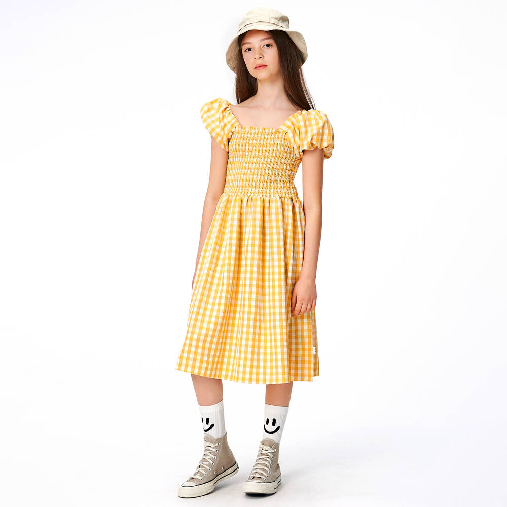 Molo-Girls Yellow Gingham Puff Sleeve Dress | Childrensalon Outlet