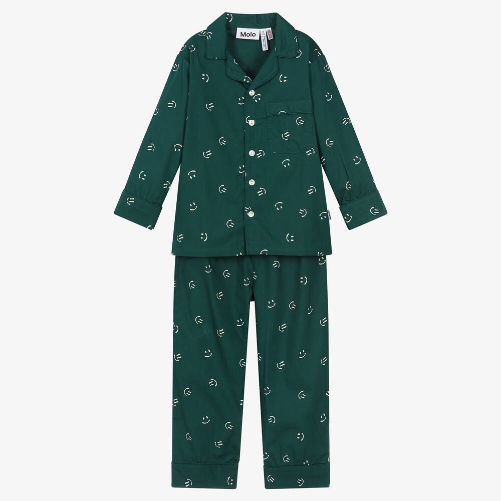 Molo - Green Organic Cotton Happy Face Pyjamas | Childrensalon