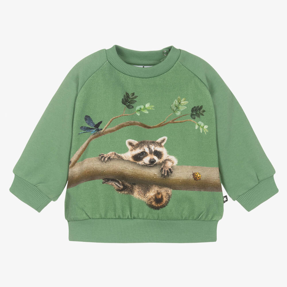 Molo - Green Organic Cotton Raccoon Sweatshirt | Childrensalon