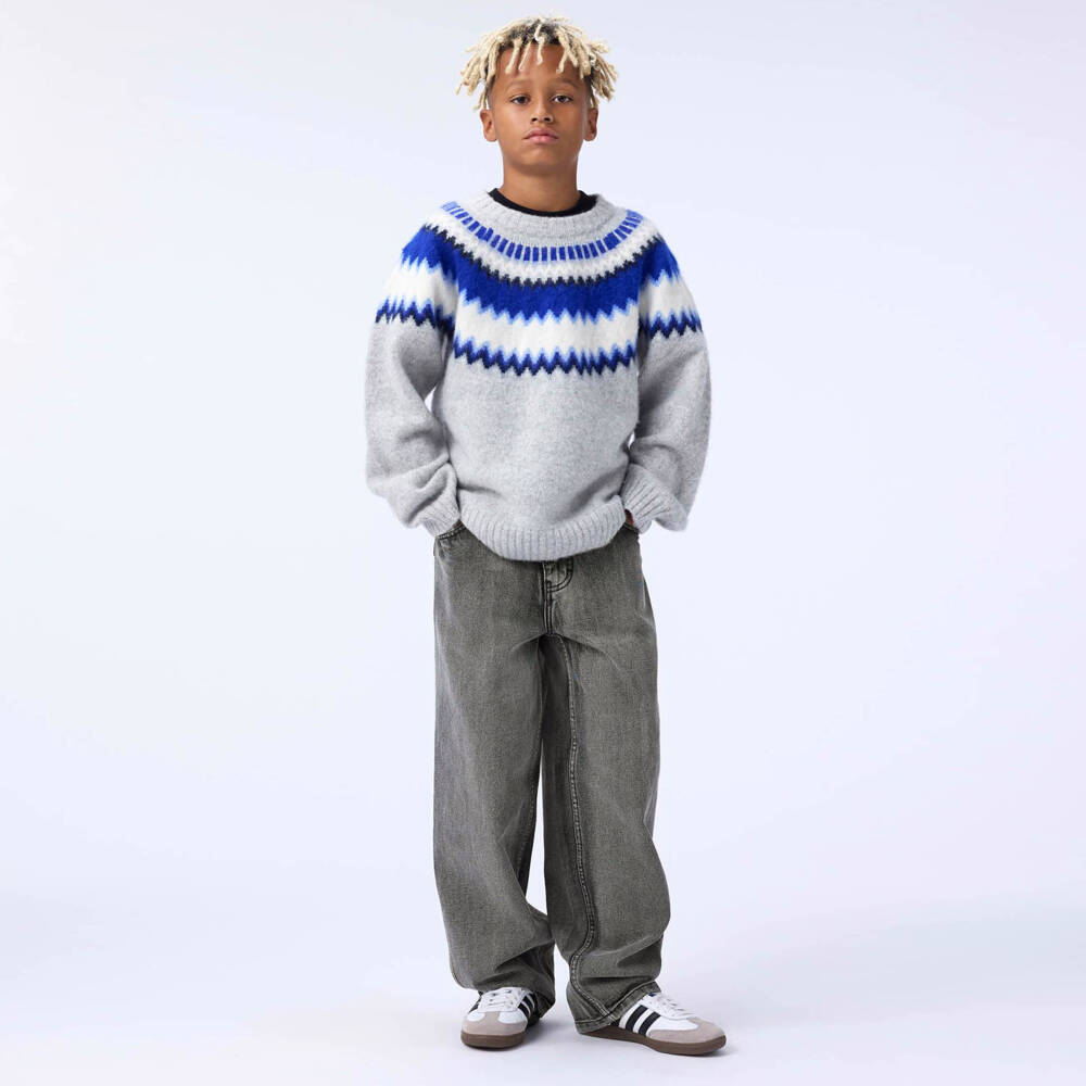 Molo-Grey & Blue Wool Knit Fair Isle Sweater | Childrensalon Outlet