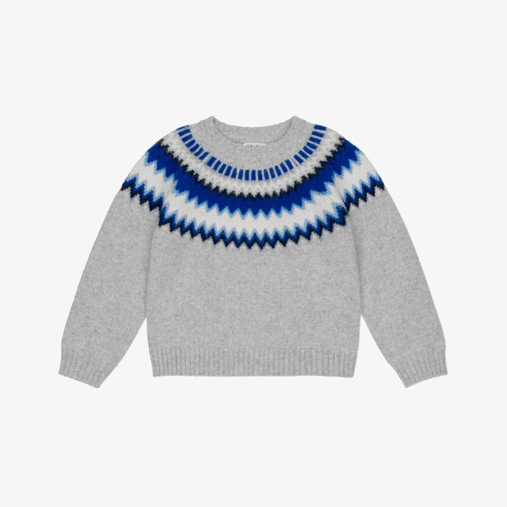 Molo-Grey & Blue Wool Knit Fair Isle Sweater | Childrensalon Outlet