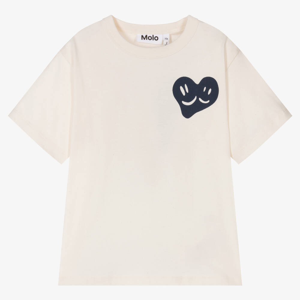 Molo - Ivory & Blue Happy Faces Cotton T-Shirt | Childrensalon